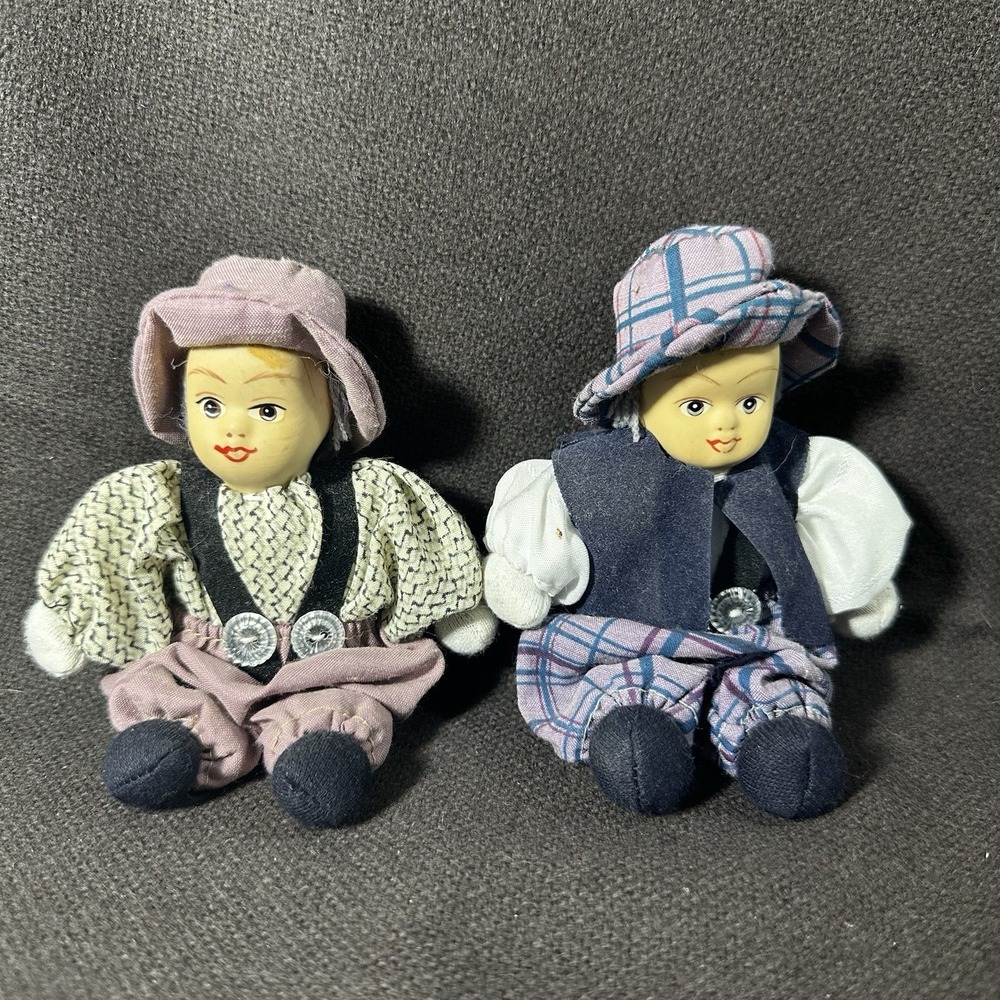 2 German Alpine Souvenir Dolls 5" - Traditional Trachten Folk Dress Vintage